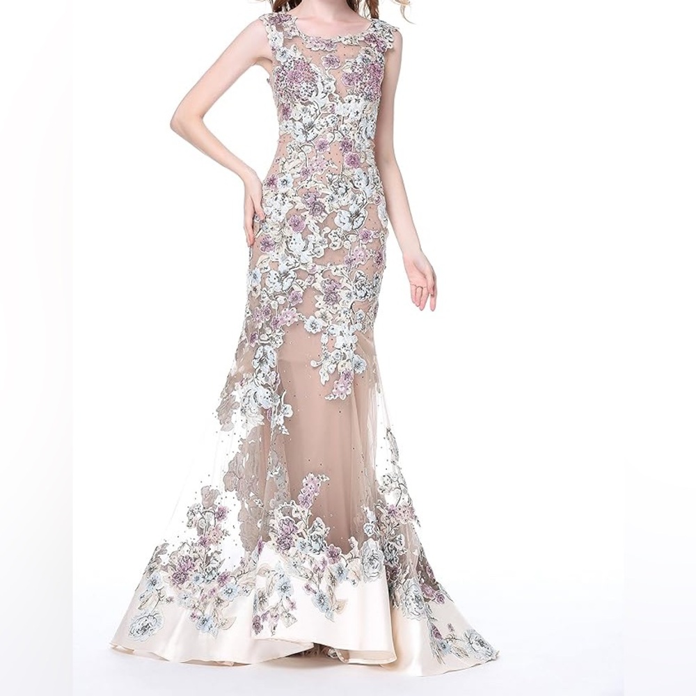Elegant Floral Lace Maxi Dress in Pink and Cream